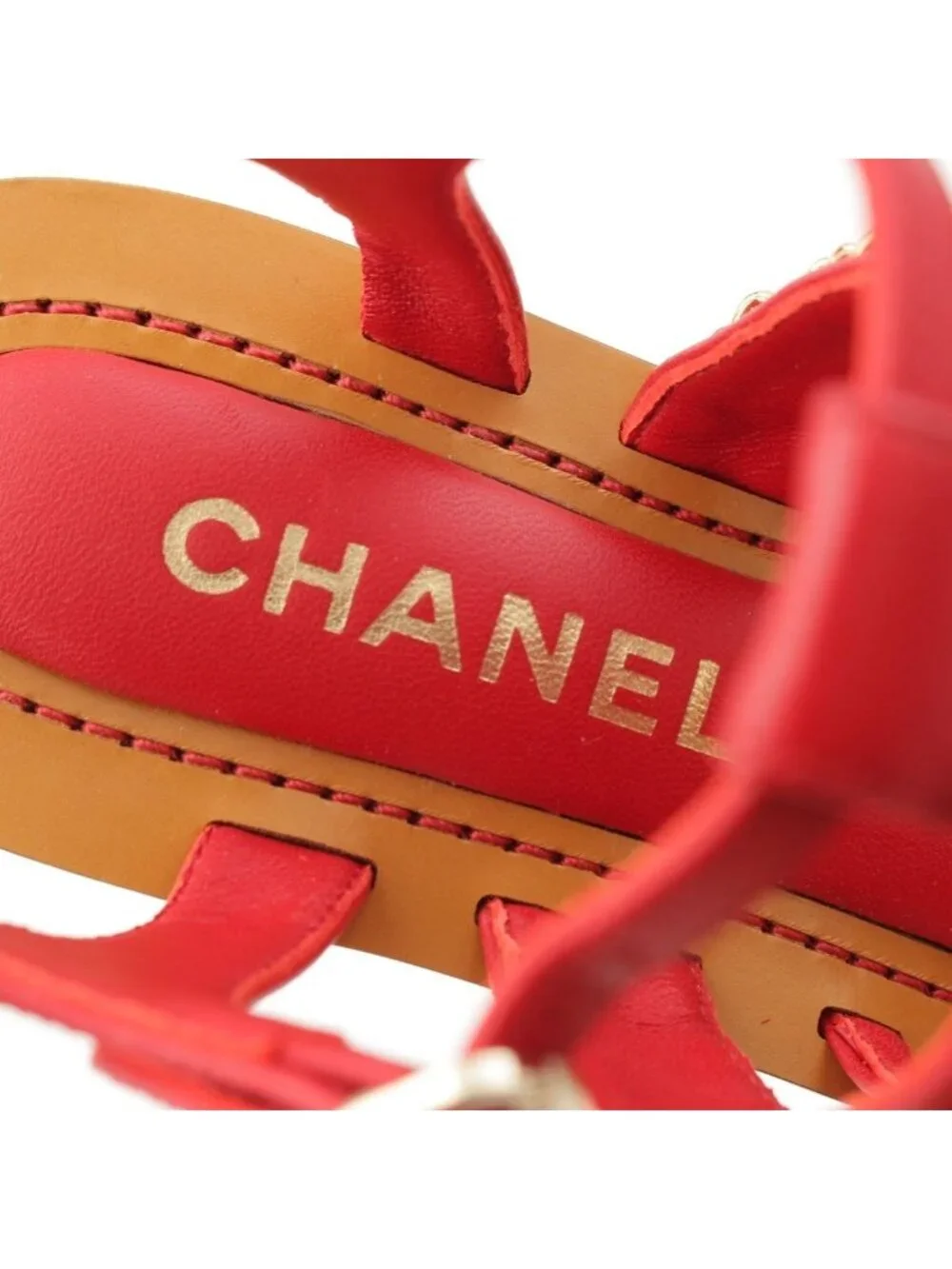 Chanel Leather Wood Chain Thick Sole Platform Sandals Red